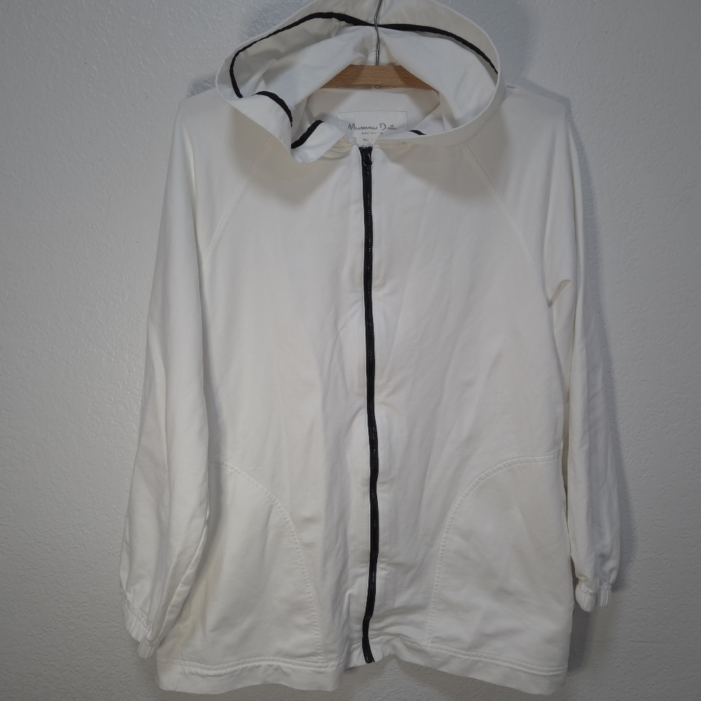 Massimo Dutti XS Mens White Hooded Hoodie SS.21 Jumper Black Full Zip Pockets